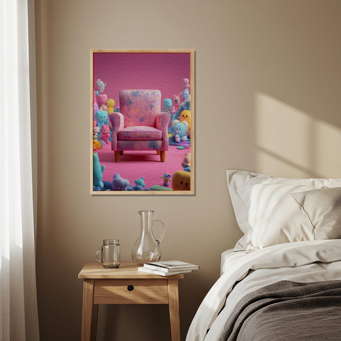 Pink Velvet Chair Surrounded By Plush Toys Kawaii Pop Art Poster