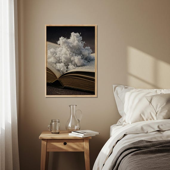 Open Book Wooden Poster Surreal Story Illustration Print On Wood Dreamy Cloud Art Literary Wall Decor For Creative Spaces