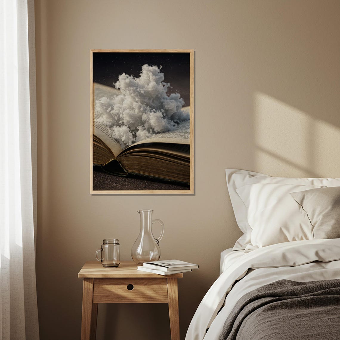 Open Book Releasing Clouds Into a Starry Night Surreal Literary Poster