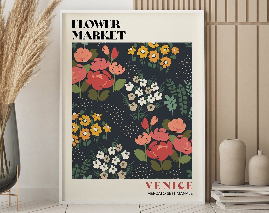 Venice Flower Market Mercato Settimanale Dark Navy Floral Poster - Image 4