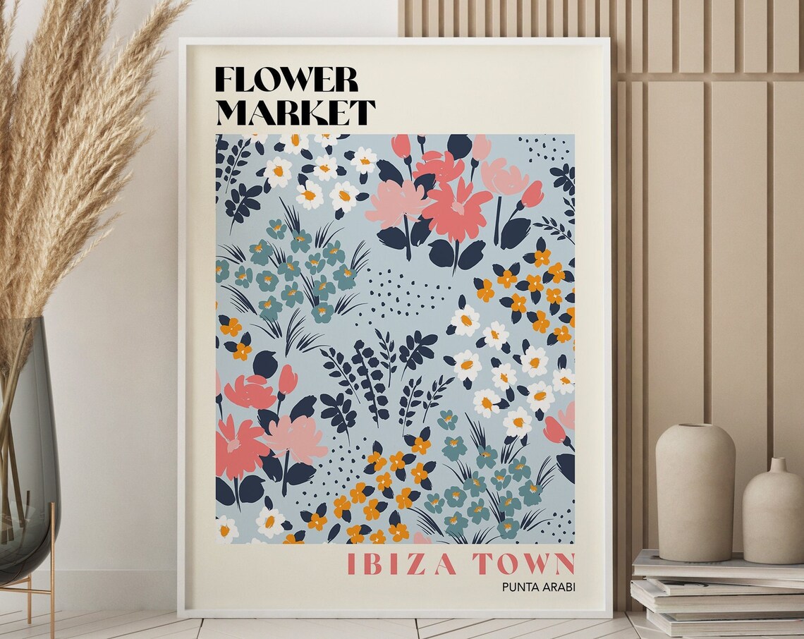 Ibiza Town Flower Market Punta Arabi Vintage Blue Wildflower Poster - Image 2