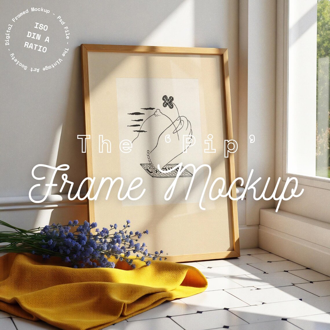 Leaning Wood Frame Poster Mockup, Sunlit Interior Scene