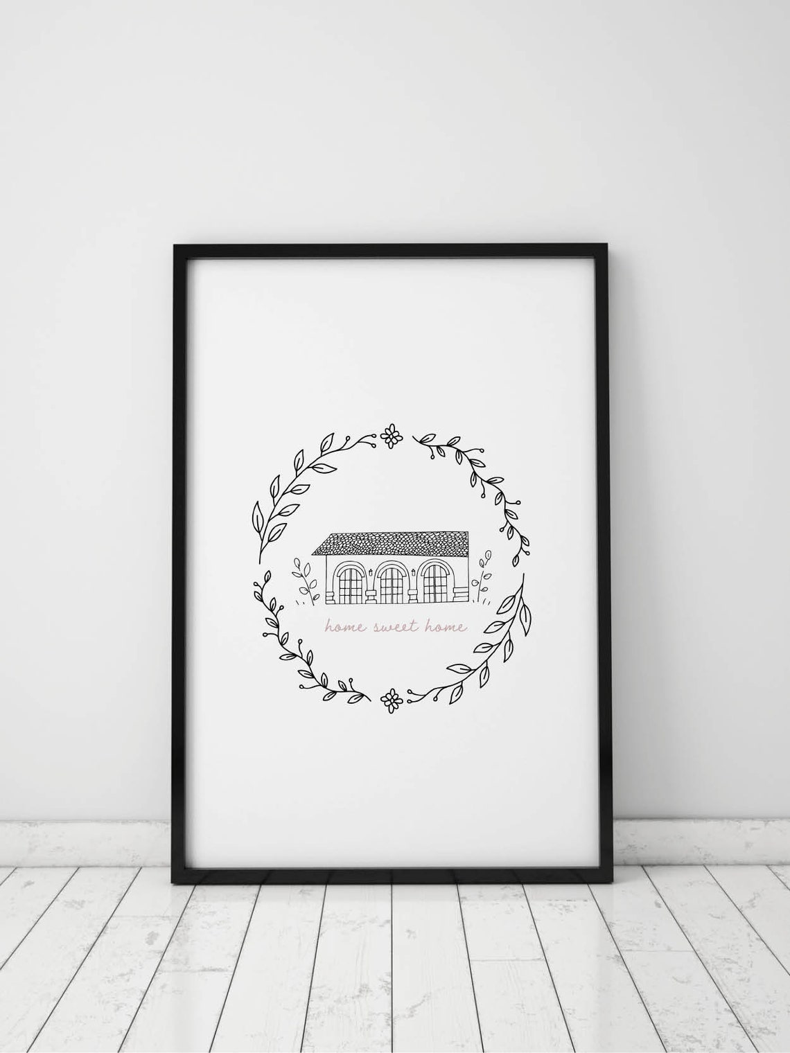 Home Sweet Home Script With House Line Art Wreath Art Poster - Image 2