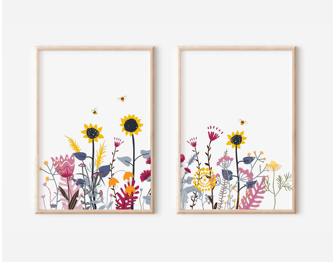 Colorful Wildflower Meadow Sunflowers And Bees Botanical Poster - Image 4