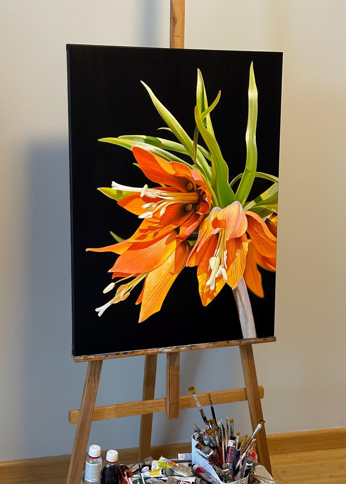 Orange Crown Imperial Fritillaria Flowers Black Ground Oil Wall Art - Image 2