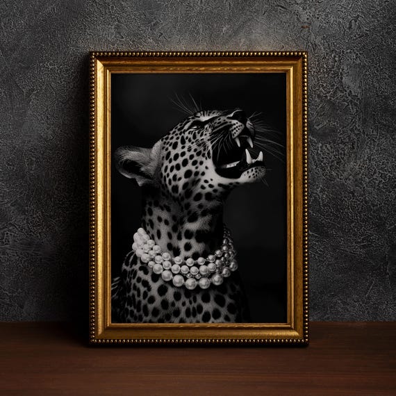 Elegant Leopard With Pearl Necklace, Vintage Luxury Poster