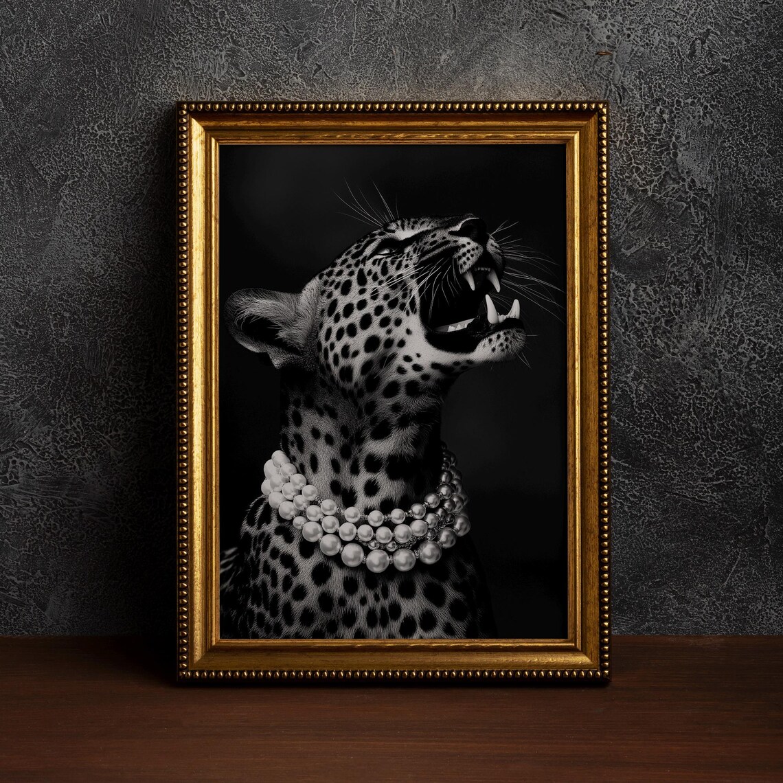Elegant Leopard With Pearl Necklace, Vintage Luxury Poster