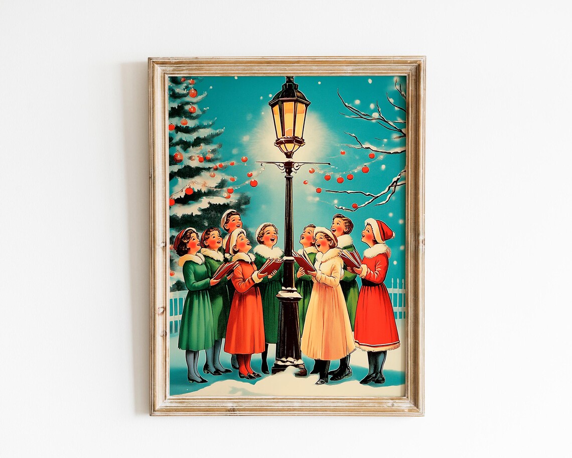 Vintage Christmas Carolers Travel Poster, Holiday Decor