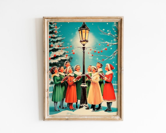 Vintage Christmas Carolers Travel Poster, Holiday Decor