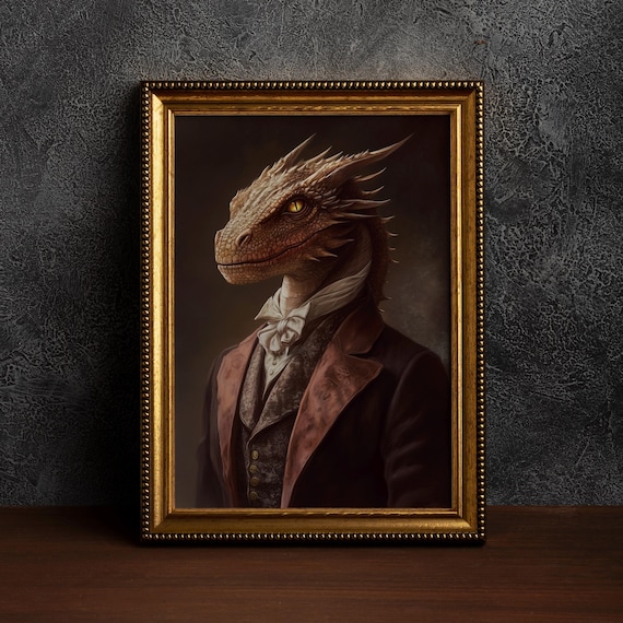 Victorian Dragon Oil Paintingdark Academia Wall Art Gothic Room Decor Rustic Print Goblincore Printsdragon Lover Gift