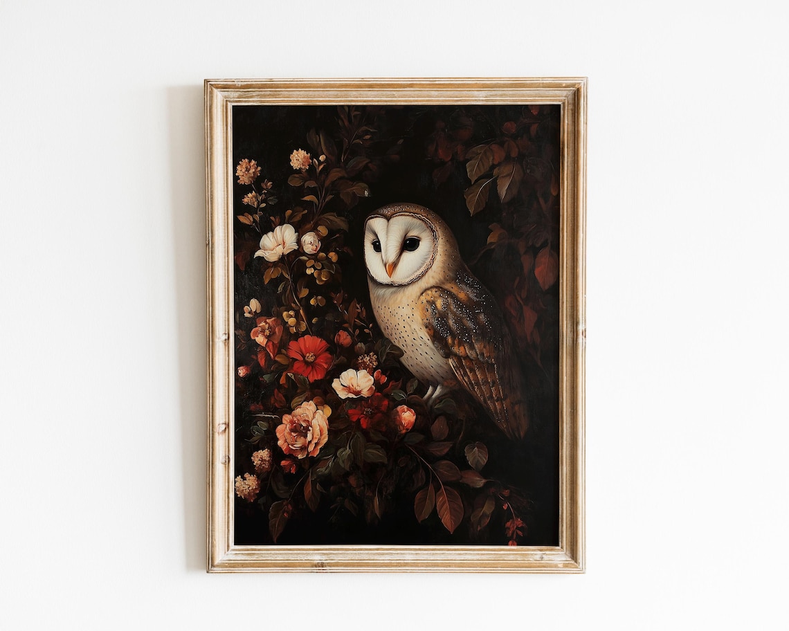 Forest Owl Gothic Botanical Wall Art, Dark Academia