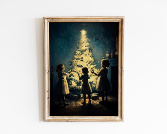 Three Children Admiring Glowing Christmas Tree Painterly Holiday Poster