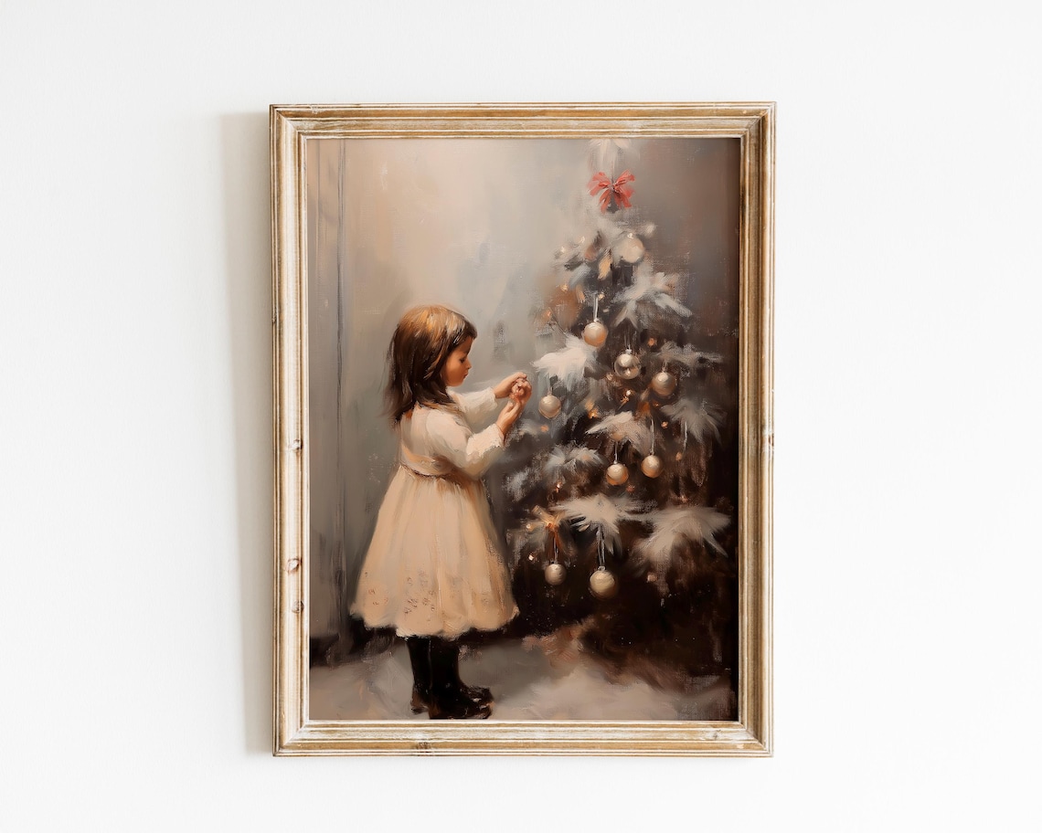 Young Girl Decorating Christmas Tree Vintage Oil Style Holiday Poster