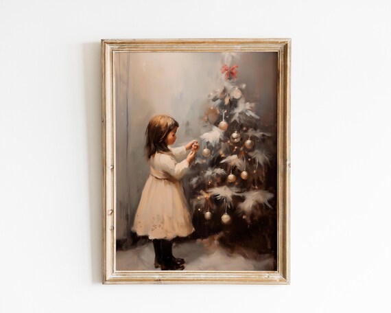 Young Girl Decorating Christmas Tree Vintage Oil Style Holiday Poster