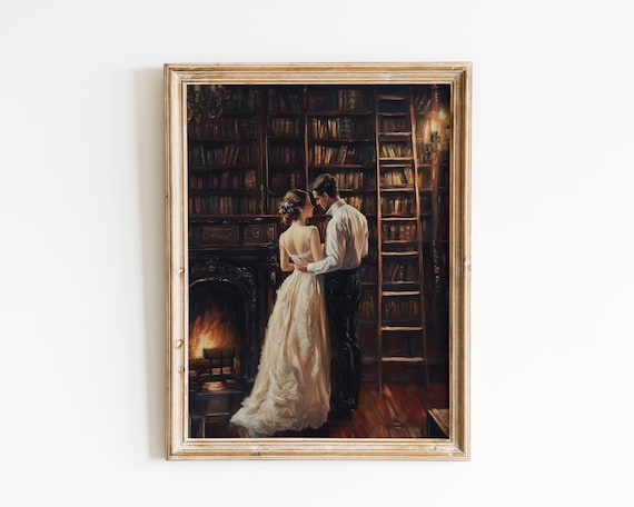 Romantic Couple in Dark Library Baroque Oil Painting Love Poster