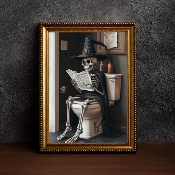 Skeleton On Toilet Halloween Decor Bathroommoody Bathroom Wall Artdark Print Funny Skull Printshalloween Decorfunny
