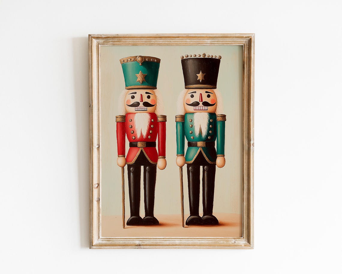 Vintage Wooden Nutcracker Soldiers Red Green Christmas Print