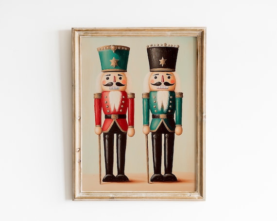 Vintage Wooden Nutcracker Soldiers Red Green Christmas Print
