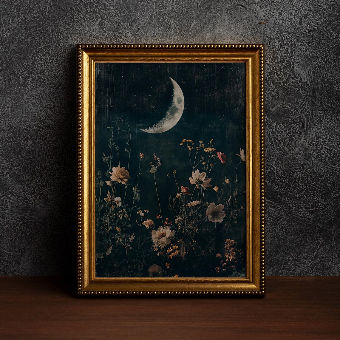 Vintage Celestial Moon and Wildflowers Art Print