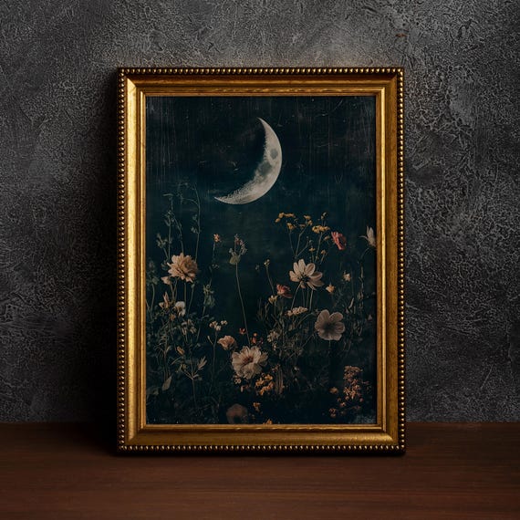 Vintage Celestial Moon and Wildflowers Art Print