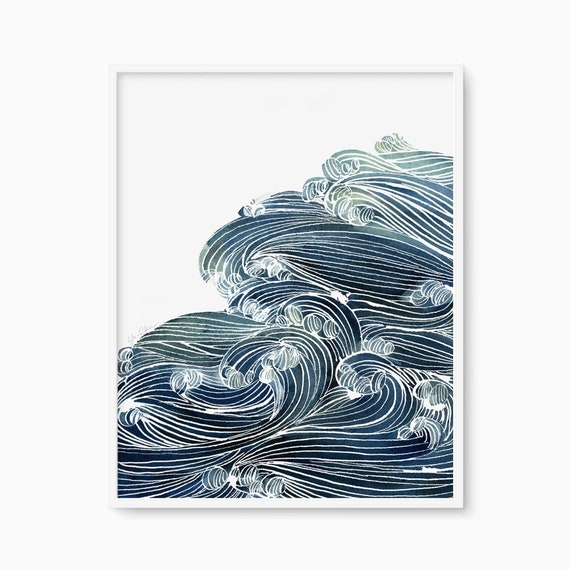 Ocean Waves Coastal Art Watercolor Sea Print Blue Nautical Beach Summer House Decor Australia Navy Seaside