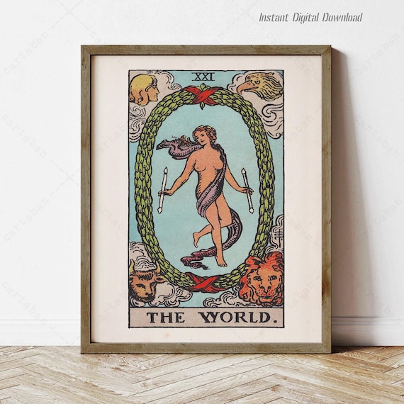 The World XXI Tarot Card Rider Waite Smith Vintage Mystical Wall Art Poster