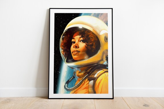 Astronaut Woman Orange Spacesuit Retro Futurism Portrait Wall Art