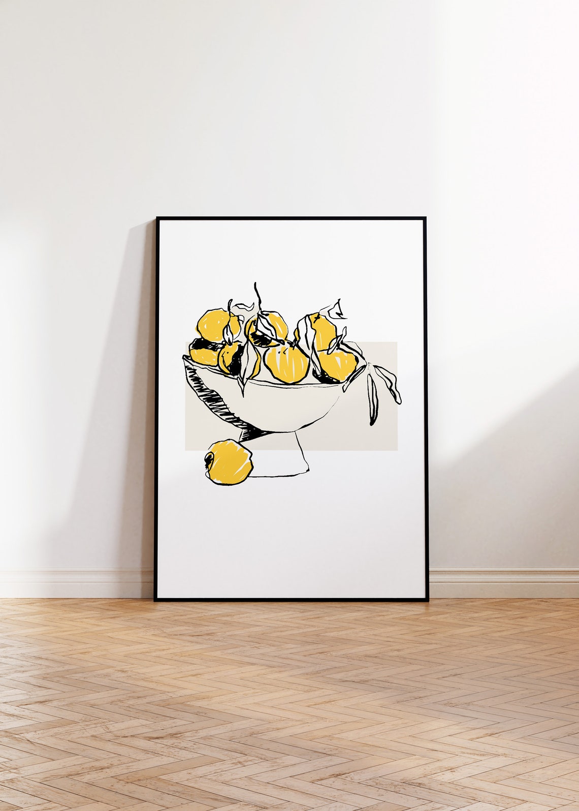 Lemons in Bowl Line Art Yellow Watercolor Sketch Modern Kitchen Poster