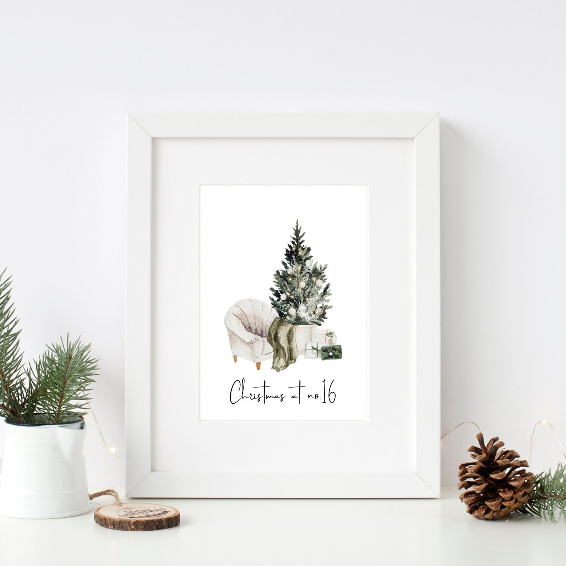 Christmas At No 16 Armchair Tree Gifts Watercolor Cozy Holiday Poster - Image 2
