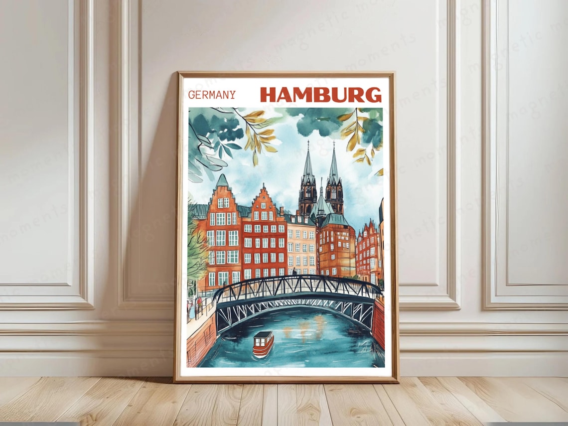 Hamburg Germany Watercolor Old Town Canal Bridge Travel Art Poster