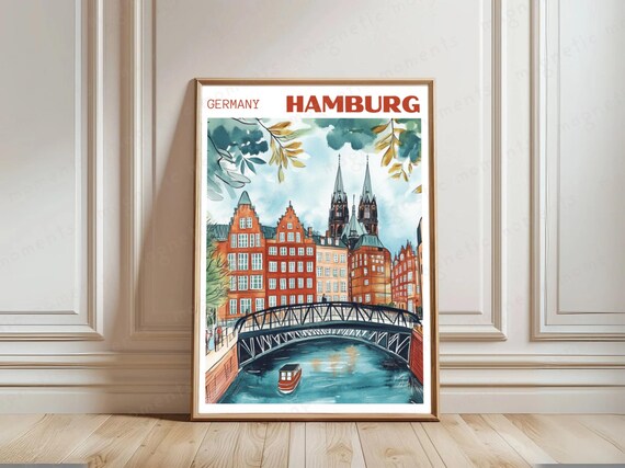 Hamburg Germany Watercolor Old Town Canal Bridge Travel Art Poster