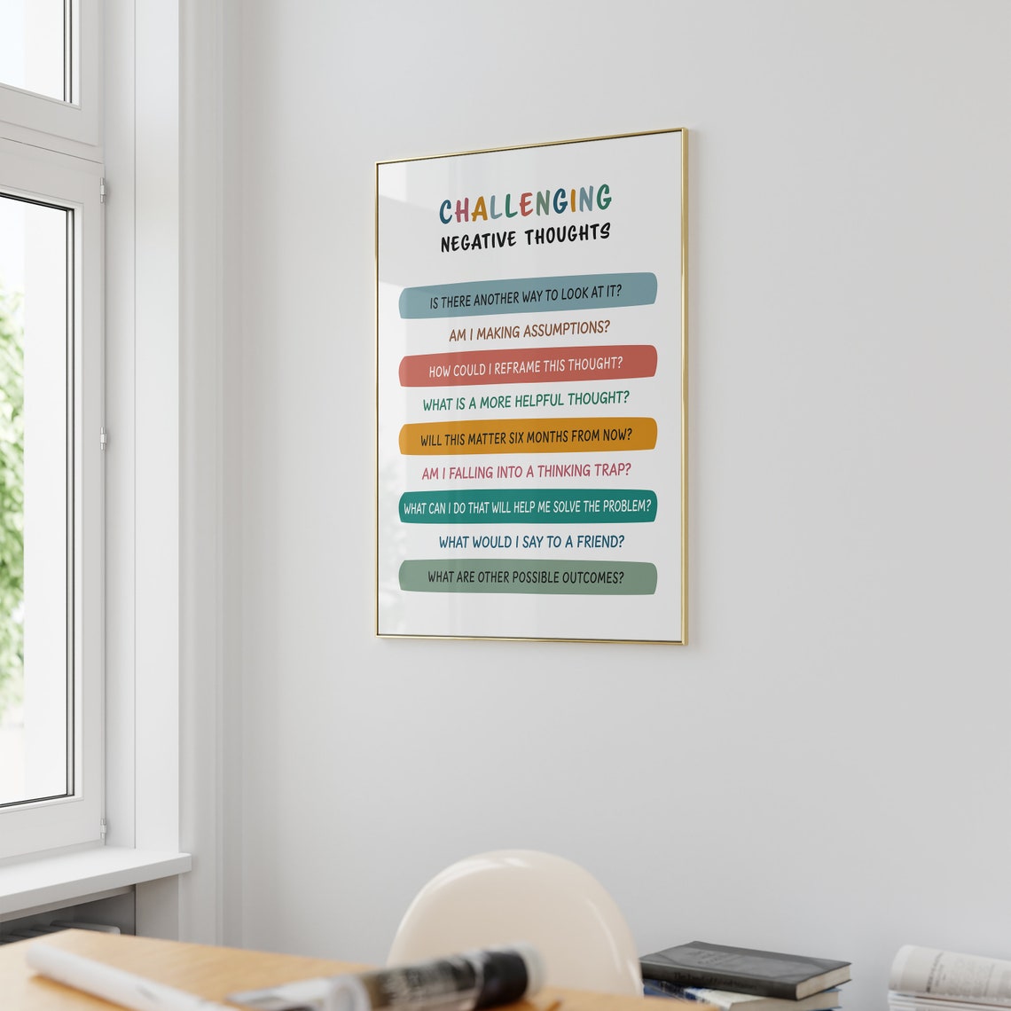 Challenging Negative Thoughts CBT Reframe Therapy Office Poster - Image 2