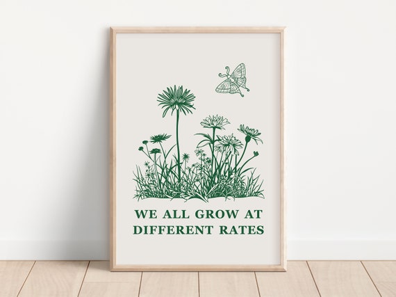 We All Grow At Different Rates Retro Green Mental Health Poster Therapy Office Decor Psychology Art Print Inspirational Saying