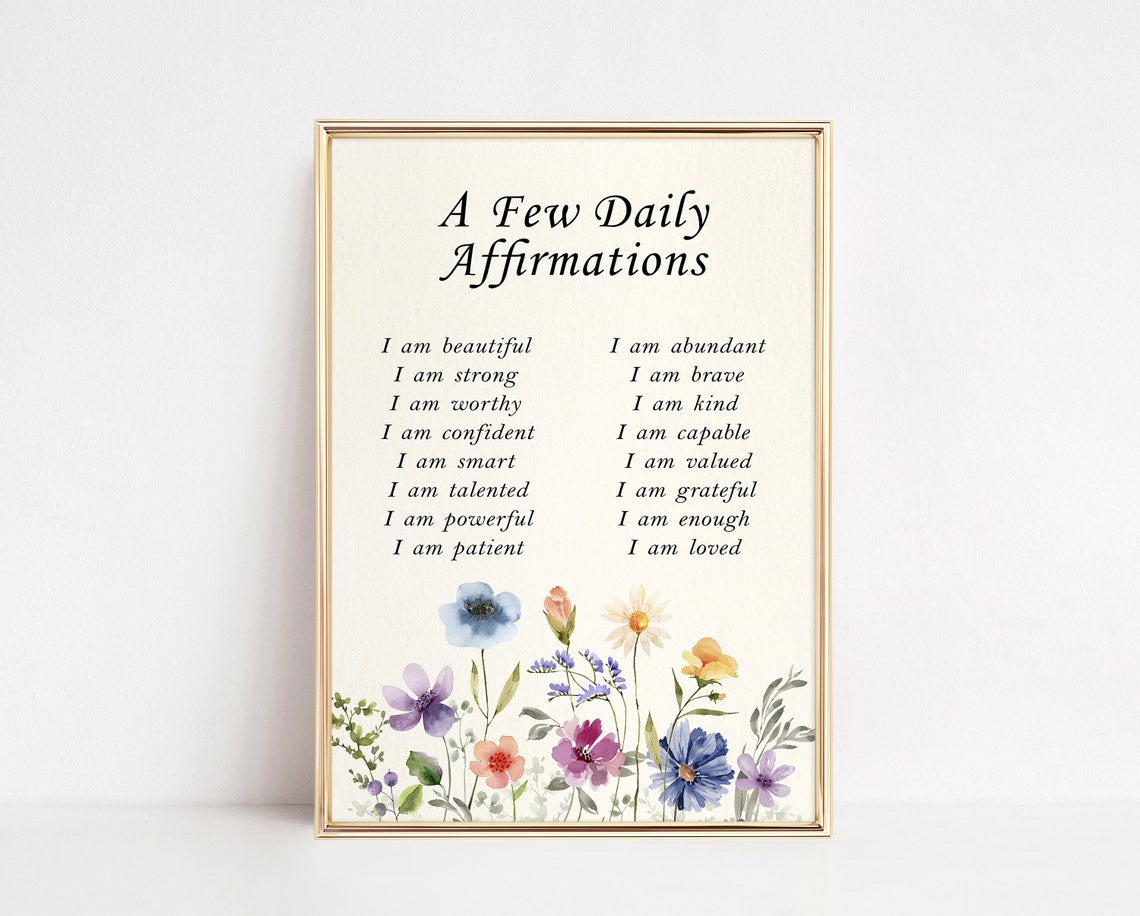A Few Daily Affirmations I Am List Watercolor Wildflowers Poster