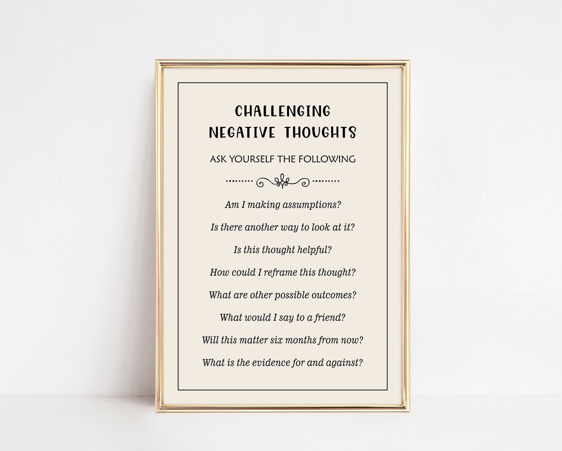 Challenging Negative Thoughts CBT Questions Minimalist Therapy Poster