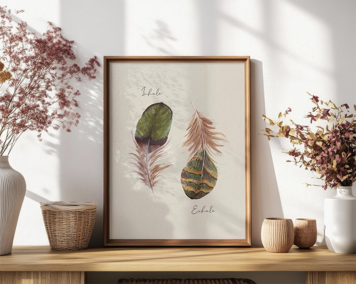Inhale Exhale Watercolor Feather Breathing Mindfulness Meditation Poster - Image 3