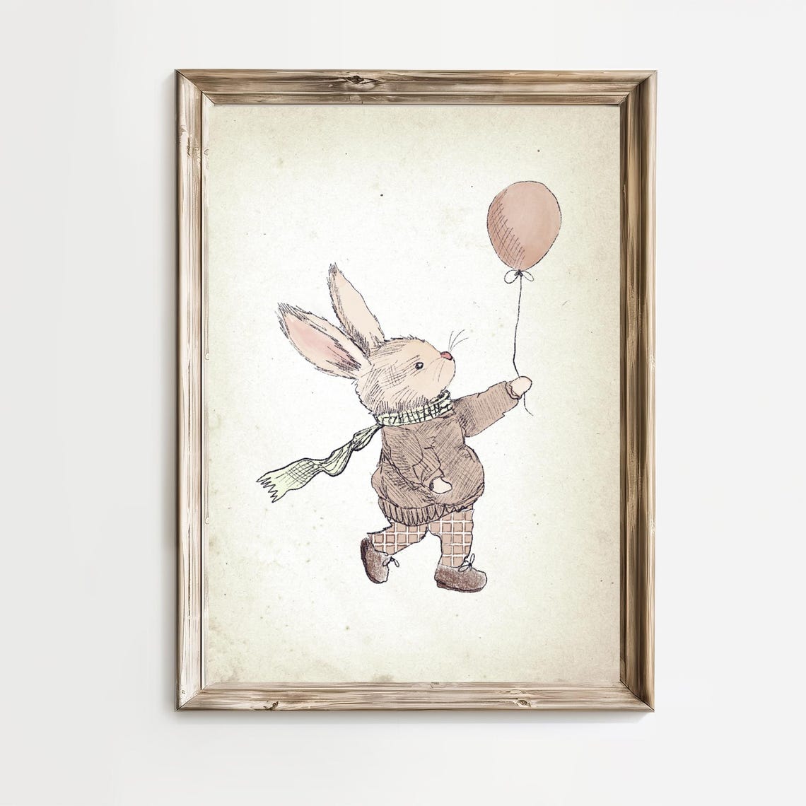 Cute Bunny In Sweater Holding Pink Balloon Nursery Sketch Poster