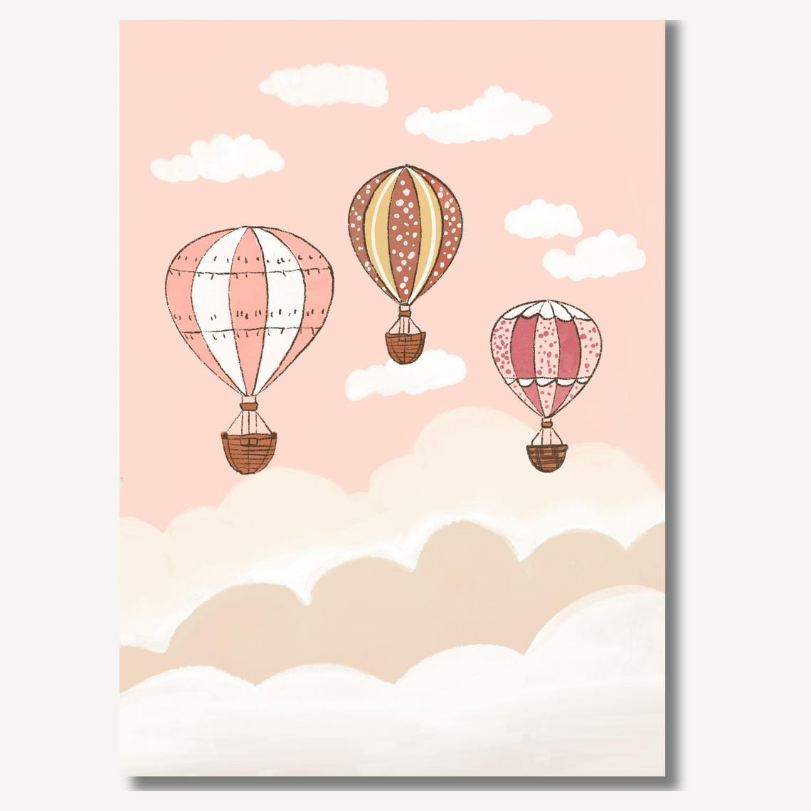 Three Pink Hot Air Balloons Floating Among Clouds Nursery Poster - Image 2