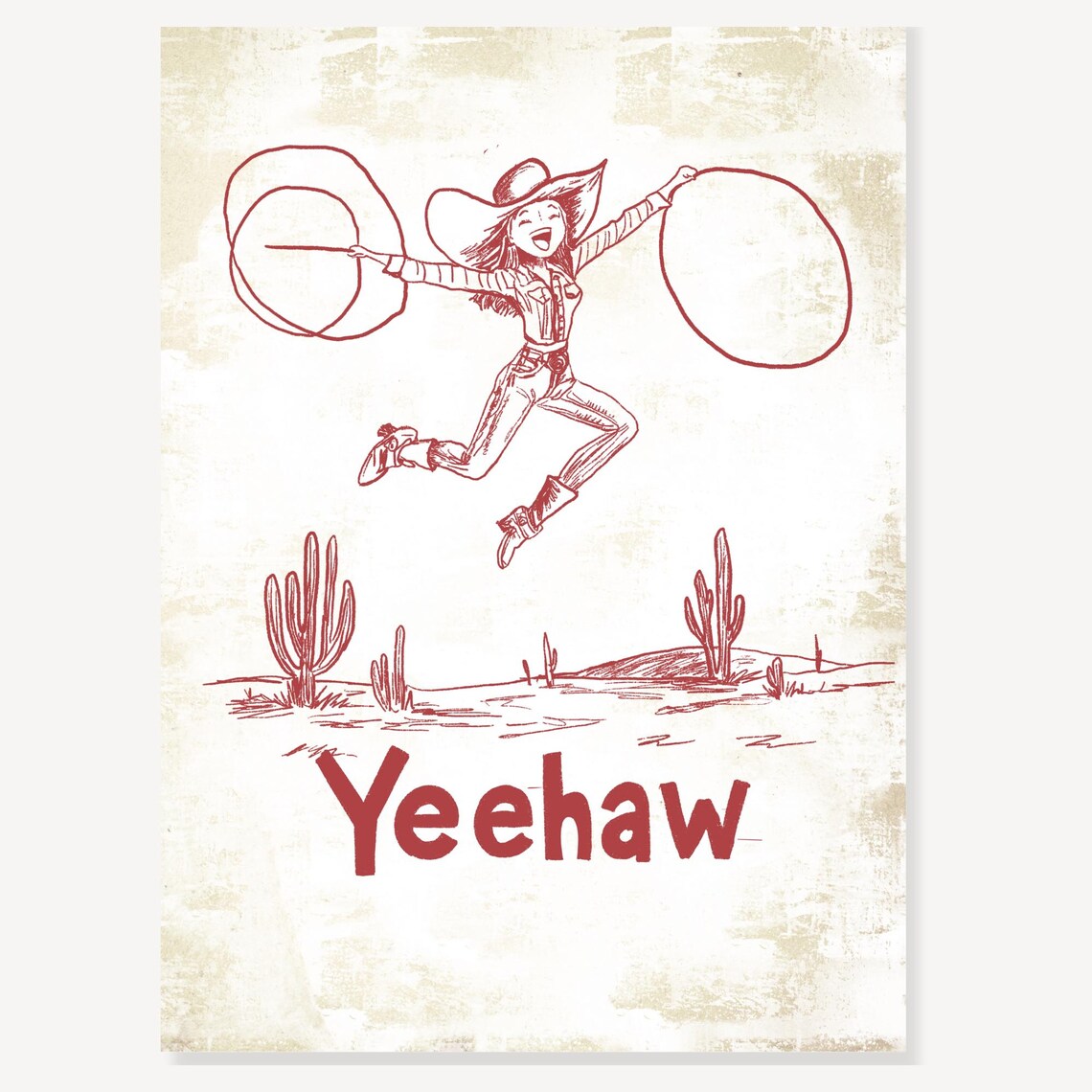 Yeehaw Cowgirl Jumping Lasso Desert Western Fun Sketch Poster - Image 2