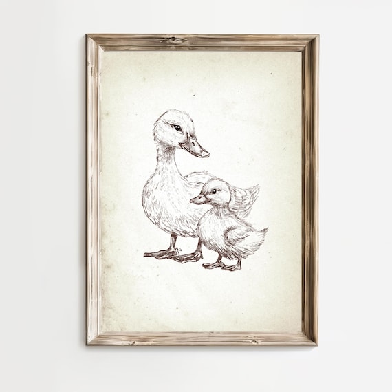 Mother Duck And Duckling Vintage Sketch Nursery Art Wall Poster