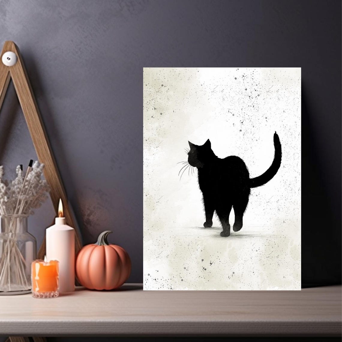 Black Cat Standing and Gazing Up Elegant Ink Silhouette Poster - Image 4