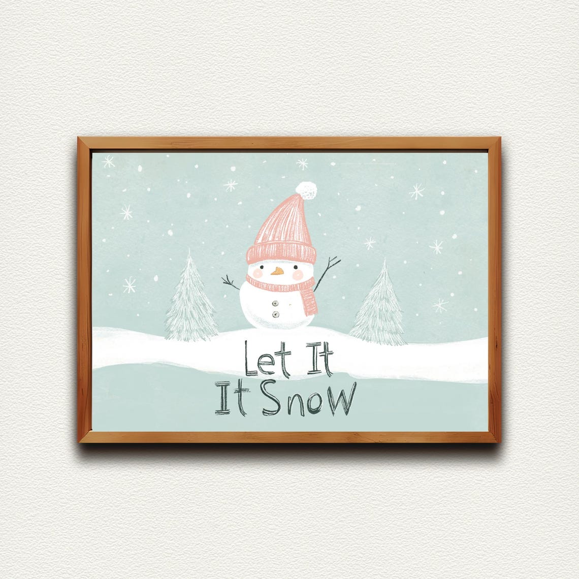 Let It Snow Snowman Pink Hat Winter Scene Kids Christmas Print - Image 4