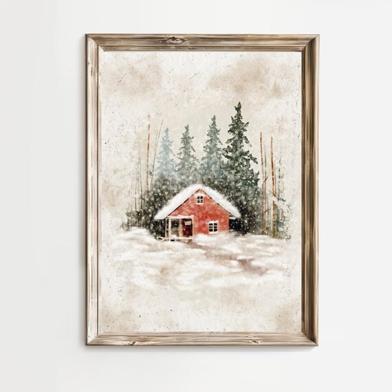 Red Cabin Snowy Forest Watercolor Winter Wonderland Wall Art