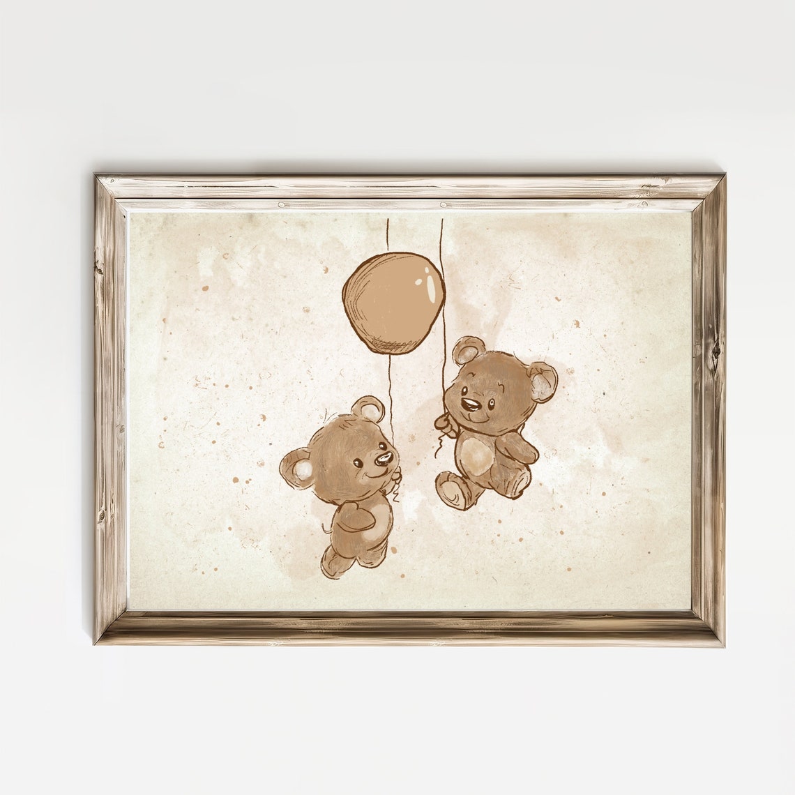 Two Teddy Bears with Balloon Vintage Nursery Sketch Art Print