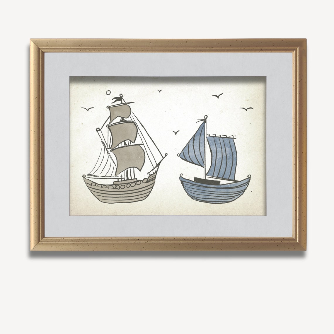 Two Vintage Sailing Ships Ink Sketch Kids Nautical Room Poster - Image 3