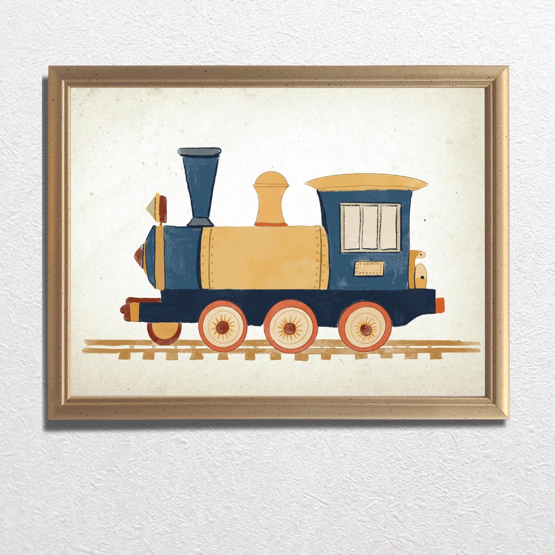 Cute Navy Blue and Mustard Toy Train Watercolor Nursery Wall Art - Image 3