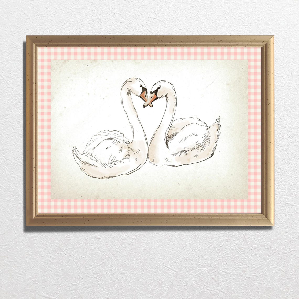 Swans Forming Heart Pink Gingham Border Romantic Decor Art Print - Image 3