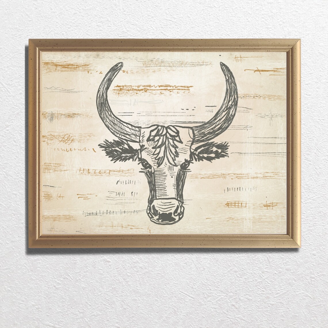 Longhorn Cow Head Line Sketch In Rustic Western Style Wall Art - Image 2