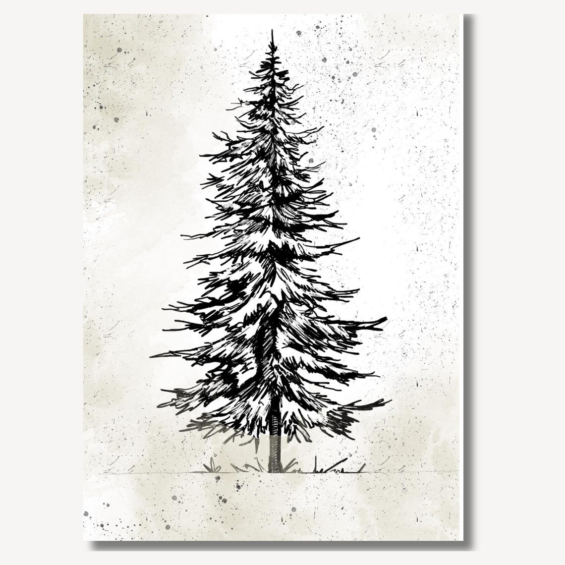 Tall Winter Pine Tree Black Ink Sketch Rustic Holiday Wall Art - Image 2