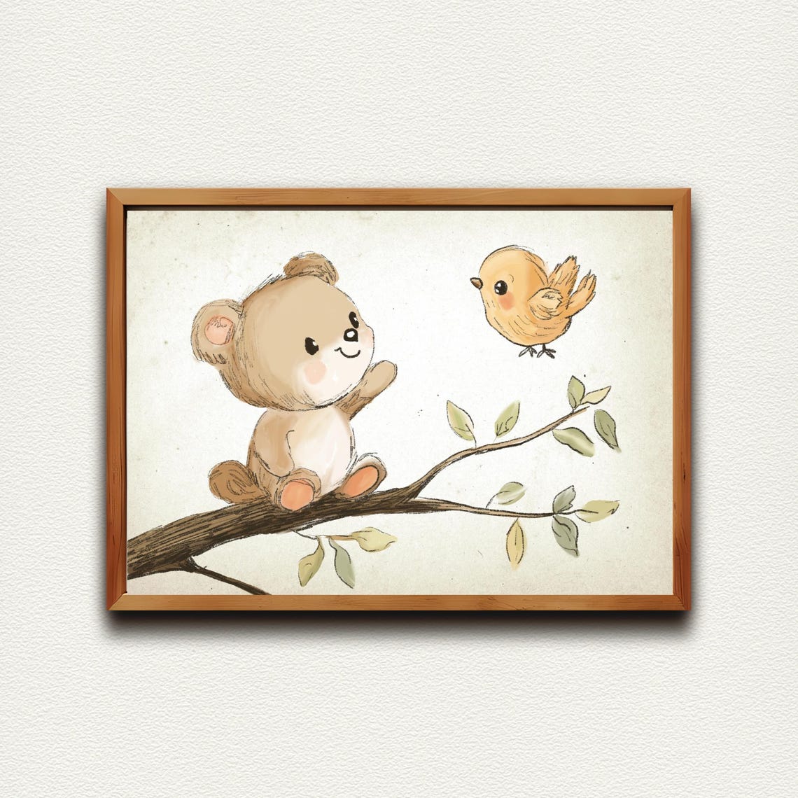 Sweet Bear Cub Waving to Yellow Bird Branch Nursery Wall Art - Image 4